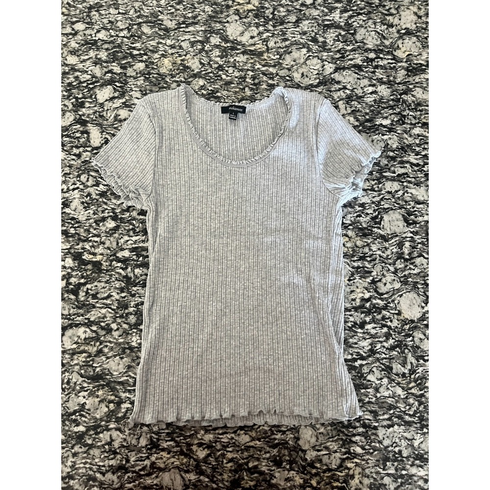 Ambiance Knit Top Women Large Gray Lettuce Trim Scoop Neck Ottoman Ribbed Shirt